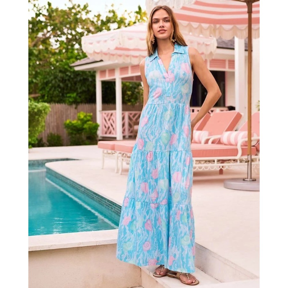 Lilly Pulitzer Riegan Print Shell Me Something Good Tiered Cotton Maxi Dress XS